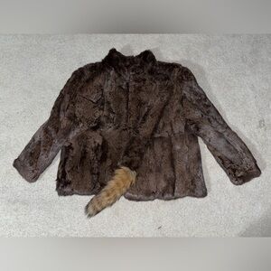 Vintage Chocolate Brown Rabbit Fur Coat With Fox Tail Scarf Made In Hong Kong